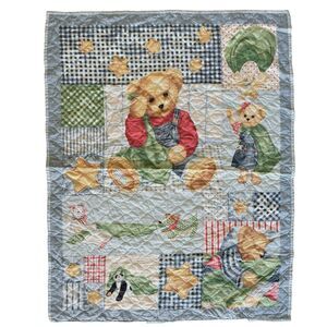 Vtg Nursery Crib Bear Quilt Blue Jean Teddy Bear Quilt REVERSIBLE Daisy Kingdom